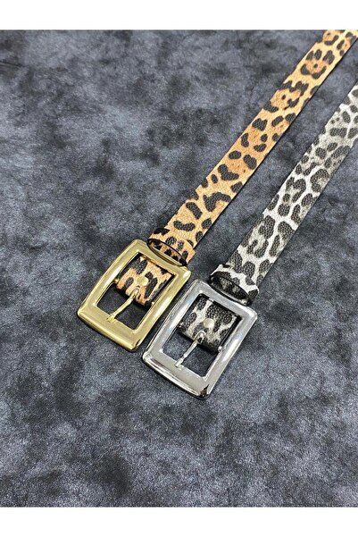 Kemerix Women's Square Buckle Leopard Detailed 2-Piece Belt Set