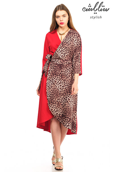 Stylish فستان ميدي غاية في الأناقة بتصميم اللف باللون الأحمر مع جلد النمر لطل...