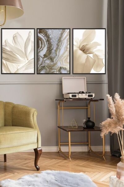 Linacci Set of 3 Black Metal Frame Cream Flower Glass Table Set