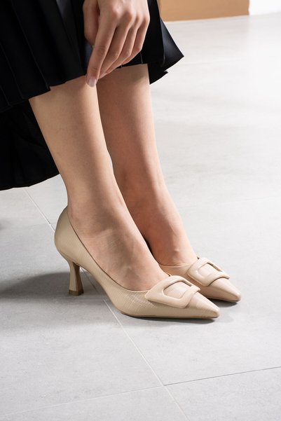 Siena Shoes Ulvia Women's Stiletto Buckle Detailed Heeled Shoes Beige Striped