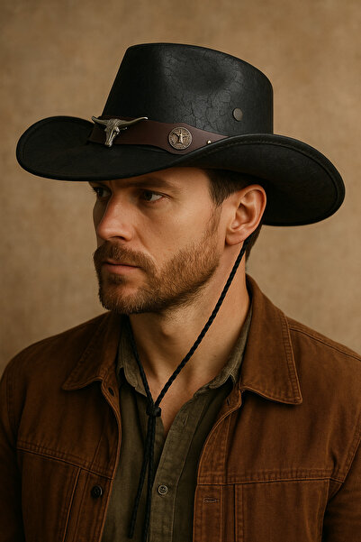 CosmoOutlet Men's Black Faux Leather Adjustable Cowboy Hat