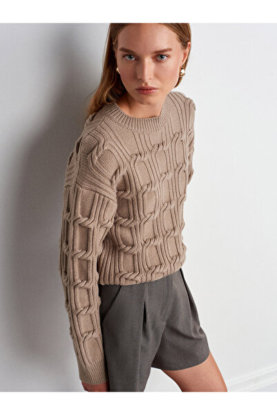 Dilvin 10825 Wool Blend Embossed Detailed Knitwear Sweater-Dark Mink