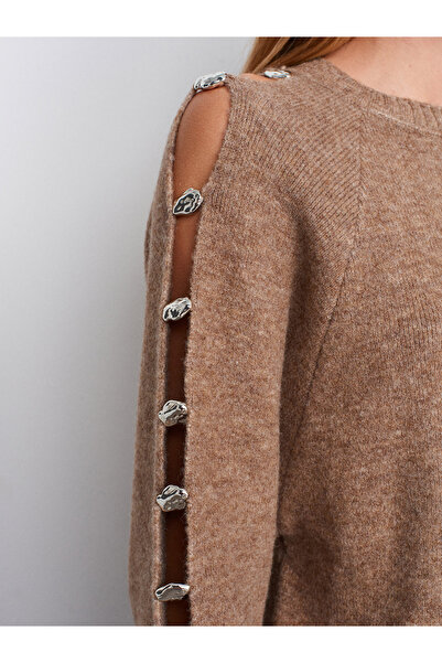 Dilvin 10810 Wool Blend Accessory Detailed Knitwear Sweater-Mink