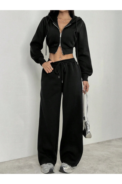 S&A DESIGN Pantaloni de sport pentru femei, cu picioare largi, de iarnă, cu 2 fire, din țesătură din bumbac pieptănat, cu căptușeală din lână groasă în interior