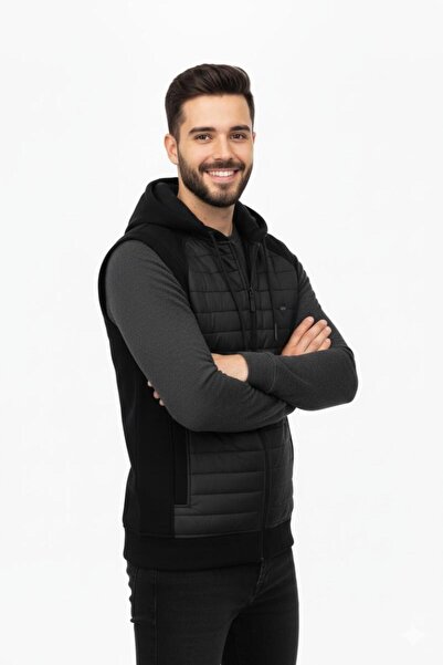 BAGLAN Men's Quilted Patterned 3 Thread Hooded Vest Bgl-St04866