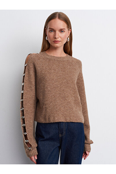 Dilvin 10810 Wool Blend Accessory Detailed Knitwear Sweater-Mink