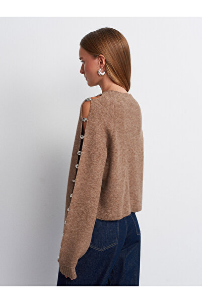 Dilvin 10810 Wool Blend Accessory Detailed Knitwear Sweater-Mink