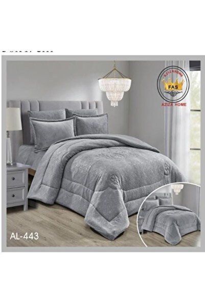 Un Luxury 6-piece velvet winter comforter for two people - two elegant sides, one plain and one embroidered - light gray color