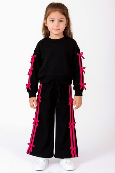 renkli diyar Girl's 3-Strand Ribbed Bow Detail Spanish-Style Pants Winter Set Nursery Kindergarten Primary School