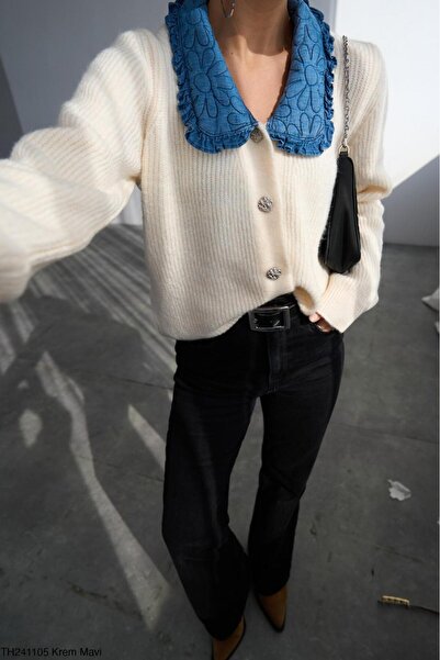 CADDELAMODA Women's Jean Bebe Collar Cardigan