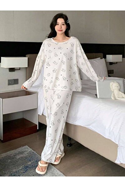 AURASTİL Women's Long Sleeve Whitebear Printed Pajama Set