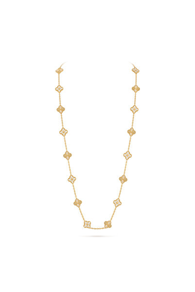 D&D Dora&Dora & Arpels Vintage Alhambra Uzun Kolye, 20 motif Düz Sarı ve Zirkon Taşlı 925 Ayar Gümüş