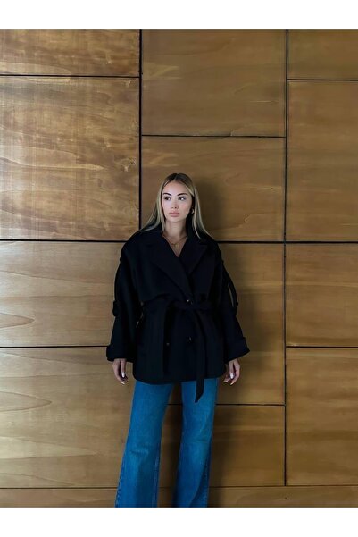Ekim Store Kaşe Kruvaze Yaka Düğmeli Kuşaklı Trençkot
