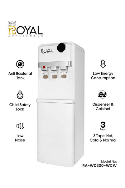 Royal Stand Water Dispenser With Cabinet/ 3 Taps Hot, Cold & Normal/ Child Safety Lock/ RA-WD300-WCW