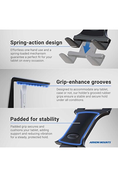 ARKON Heavy Duty Tablet Holder | Spring Loaded Design | 360 Degree Rotation | Tablet Holder for Car/Truck