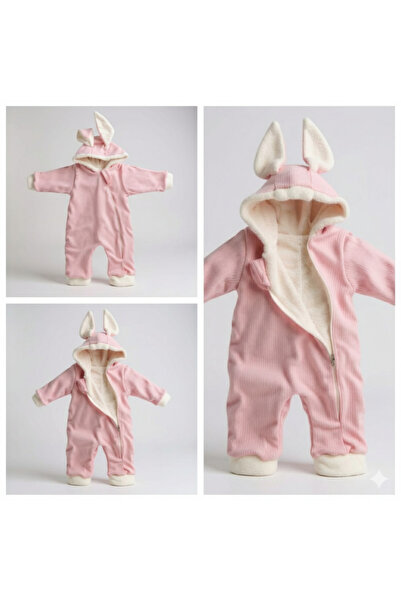 Minelora Kids | Welsoft Pembe Kız Bebek Tulumu | Sevimli Tavşan Kulaklı Kapüşonlu | 0-12 Ay