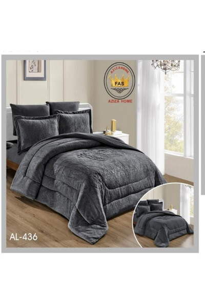 Un Luxury, 6-piece, double-sided velvet winter quilt - two elegant sides, one plain and one embroidered - dark gray color
