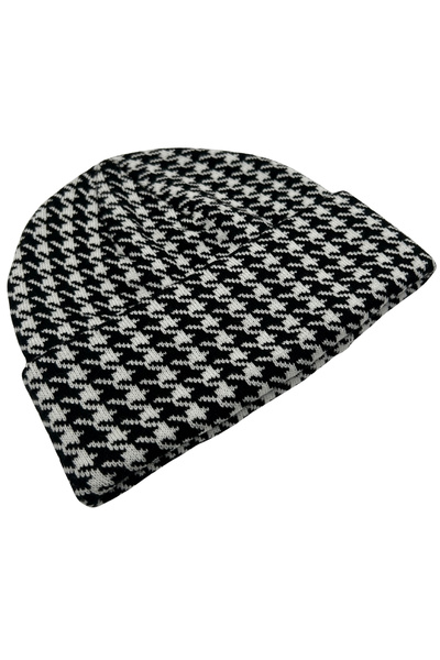 Sofist İstanbul Black & White Houndstooth Patterned Beanie Black & White Houndstooth Patterned Folded Women's Beanie