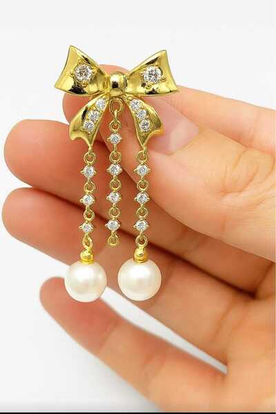 ÖZÜM TAKI Women's Steel Bow Model Zircon Stone Pearl Stone Earrings Gold