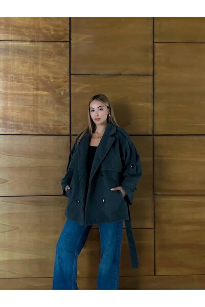 Ekim Store Kaşe Kruvaze Yaka Düğmeli Kuşaklı Trençkot