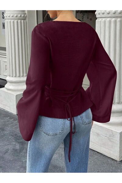 Tarz Cool Kadın Belden Bağlamalı İpli İspanyol Kol Bluz