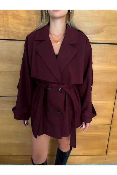 Ekim Store Pelerinli Dizüstü Kruvaze Kuşaklı Trençkot