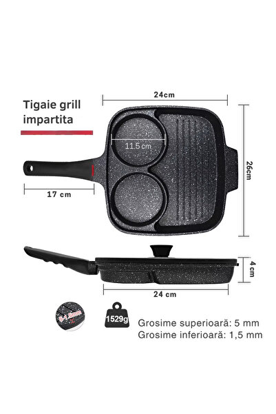 Grill 3 Section Frying Pan – Non-Stick Aluminum Glass Lid with Silicone Removable Handle