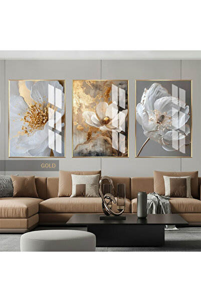 TABLOKÖŞKÜ Golden Blooms Altın Çiçek Temperli Cam Duvar Tablosu 3lü Dikey Set