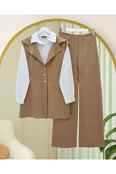 Modamorfo Buttoned V-Neck Vest Pants Knitwear Set - Mink