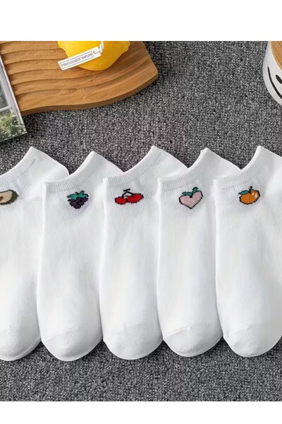 Hitit Socks Women's 5 Pairs Colorful Fruit Patterned Daily Premium Quality Ankle Length Short Booties Socks