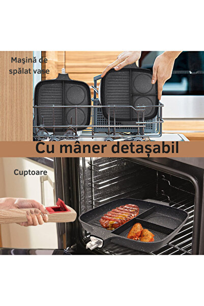 Grill 3 Section Frying Pan – Non-Stick Aluminum Glass Lid with Silicone Removable Handle