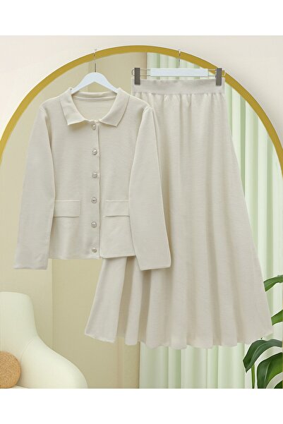 Modamorfo Buttoned Front Skirt and Collared Knitwear Set - Ecru