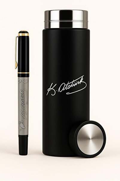 Halk Kitabevi Kabartmalı Atatürk İmzalı Kalem - Süzgeç Kapak 500 ml Siyah Termos