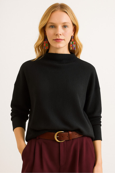 LACHT Women's Black Oversized Ribbed Camisole Relaxed Fit Sweater