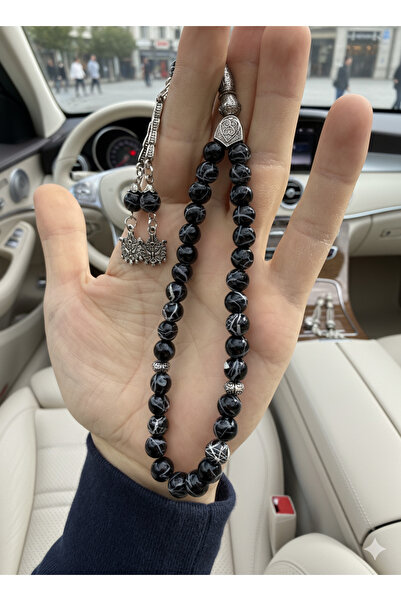 A-STİL TAKI Men's Polat Alemdar Onyx Stone Handmade Silver Plated Tassel Prayer Beads