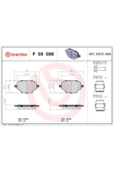 Brembo Комплект накладки дискови спирачки Citroen Berlingo Fiat Doblo Microbus