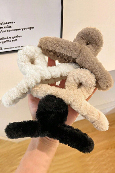 C&E Design Kadın 4'lü Kahve Tonları Peluş Mandal Toka Seti