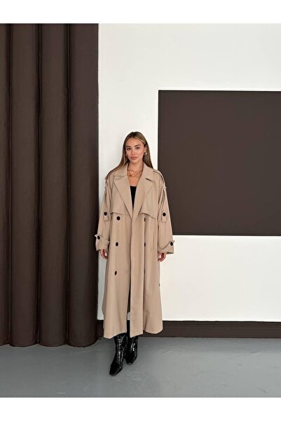 Ekim Store Uzun Pelerinli Kuşaklı Oversize Trençkot