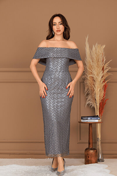 BEYBOS Rochie creion fără bretele din țesătură din tul cu mărgele - GRI