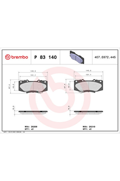 Brembo Комплект спирачни накладки за дискови спирачки Toyota Fortuner/Hilux 7...