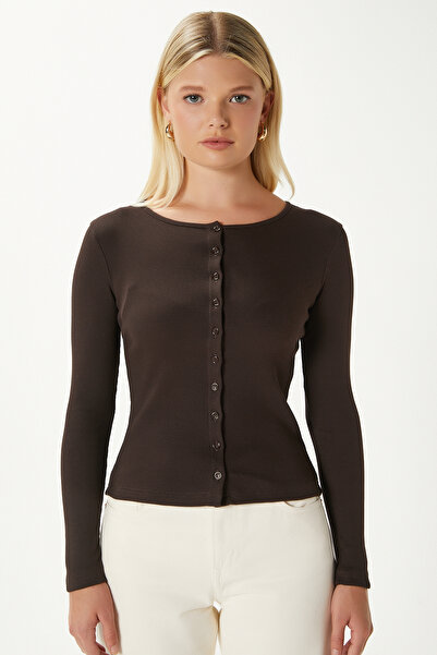 Ritnice Young Cool Buttoned Long Sleeve Brown Blouse