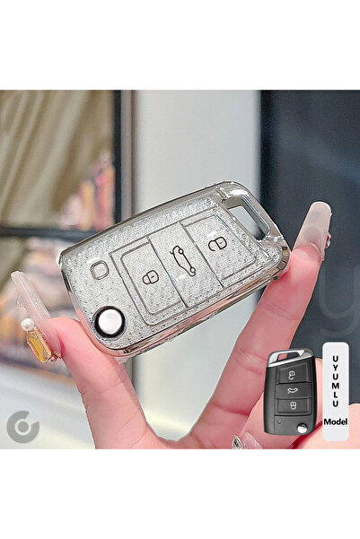 Alazpay Volkswagen Seat Skoda Diamond Cut Tpu Key Case Cover (White)