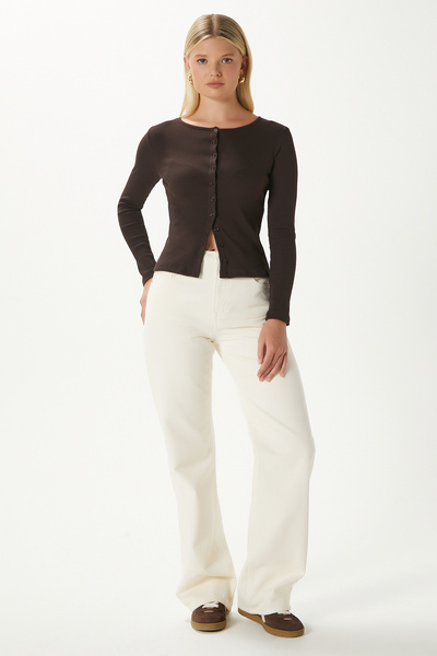 Ritnice Young Cool Buttoned Long Sleeve Brown Blouse