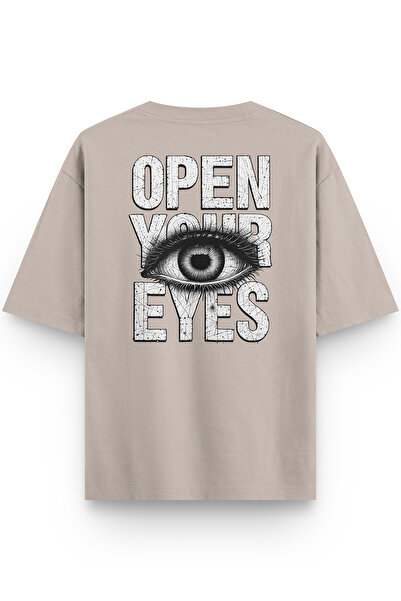 Overoz Μπλουζάκι Open Your Eyes με στάμπα στην πλάτη, ημι-ολικό μεγάλο μέγεθος, χρώμα πέτρας 1394