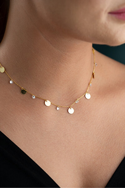 ESSARE 925 Ayar Gümüş Gold Kaplama Pullu Zirkon Taşlı Kolye