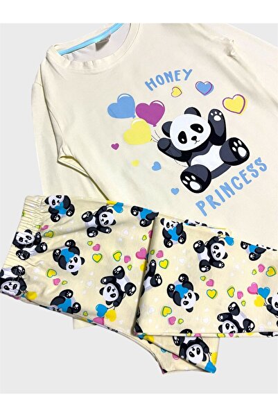 elmas kids Kız Çocuk Pamuklu Sarı Panda Desenli Mevsimlik Uzun Kollu Pijama Takımı