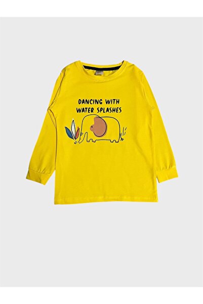 elmas kids Erkek Çocuk Pamuklu Sarı Fil Desenli Mevsimlik Uzun Kollu Pijama Takımı