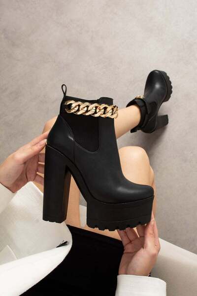 Modanizm Varyne Siyah Dolgu Topuklu Deri Bot