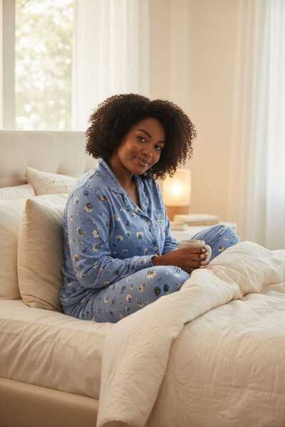 Dantelove Kadın Büyük Beden Mavi Modal Süet Kumaş Çiçek Desenli Pijama Takımı