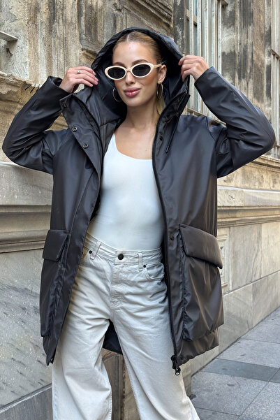 bacc Palton lung pentru femei, antracit, cu buzunare mari cu glugă BCVL-254205